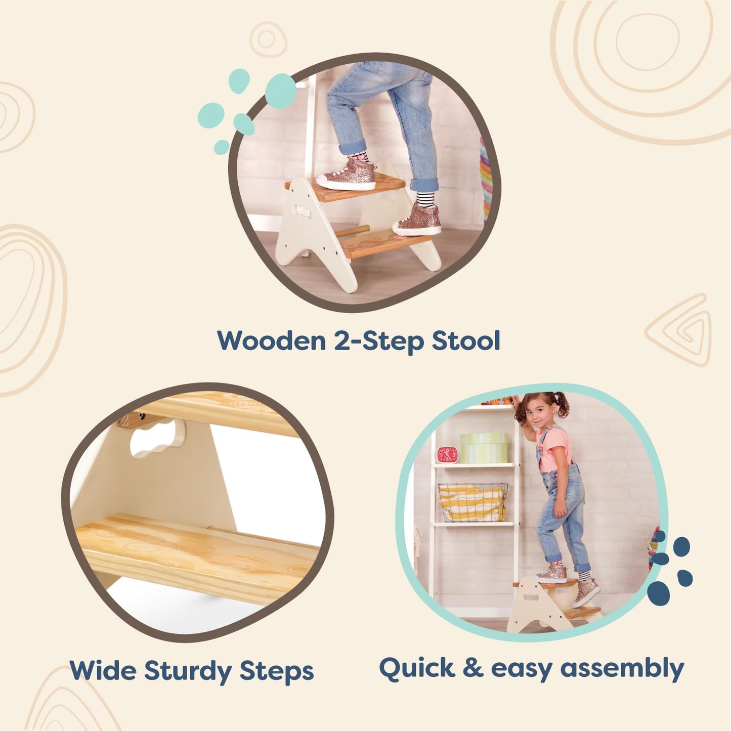 B. toys – Step Stool for Kids – Ivory & Wood Stepping Stool for The Bedroom, Bathroom, Kitchen – Furniture for Toddlers – Peek – A – Boost – 2+ Years
