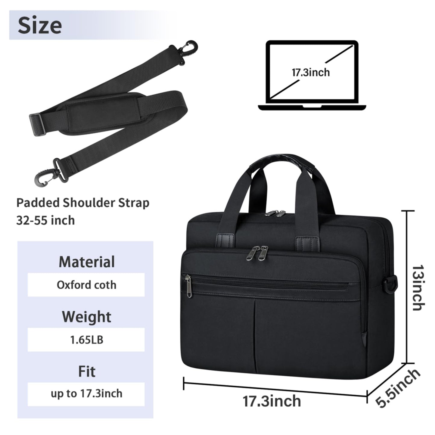 Laptop Bag 17 Inch Waterproof Briefcase for Men Large Laptop Carrying Case Computer Messenger Bag for Work Business Travel, Black