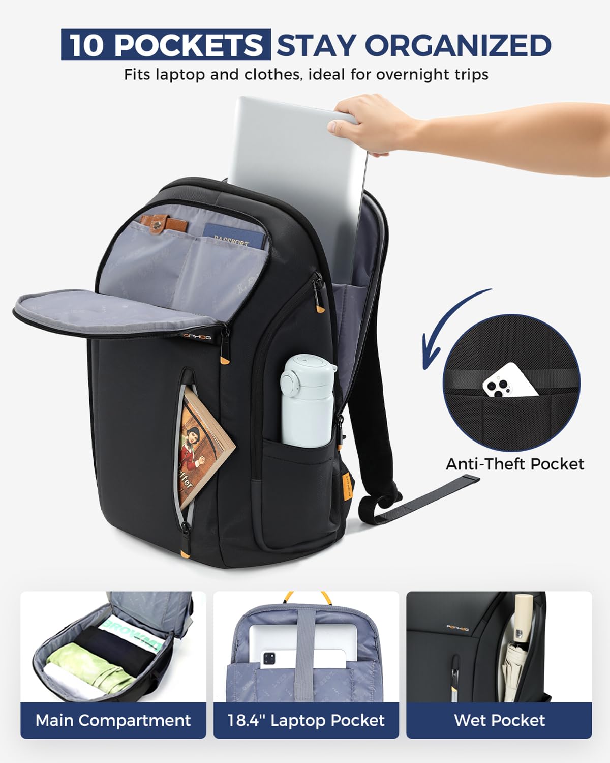 Lekebobor Laptop Backpack for Men, 18.4 Inch Anti Theft Travel Backpack with USB Charging Port, Water Resistant Business Computer Bag Flight Approved Carry On Backpack for Work College, 40L Black