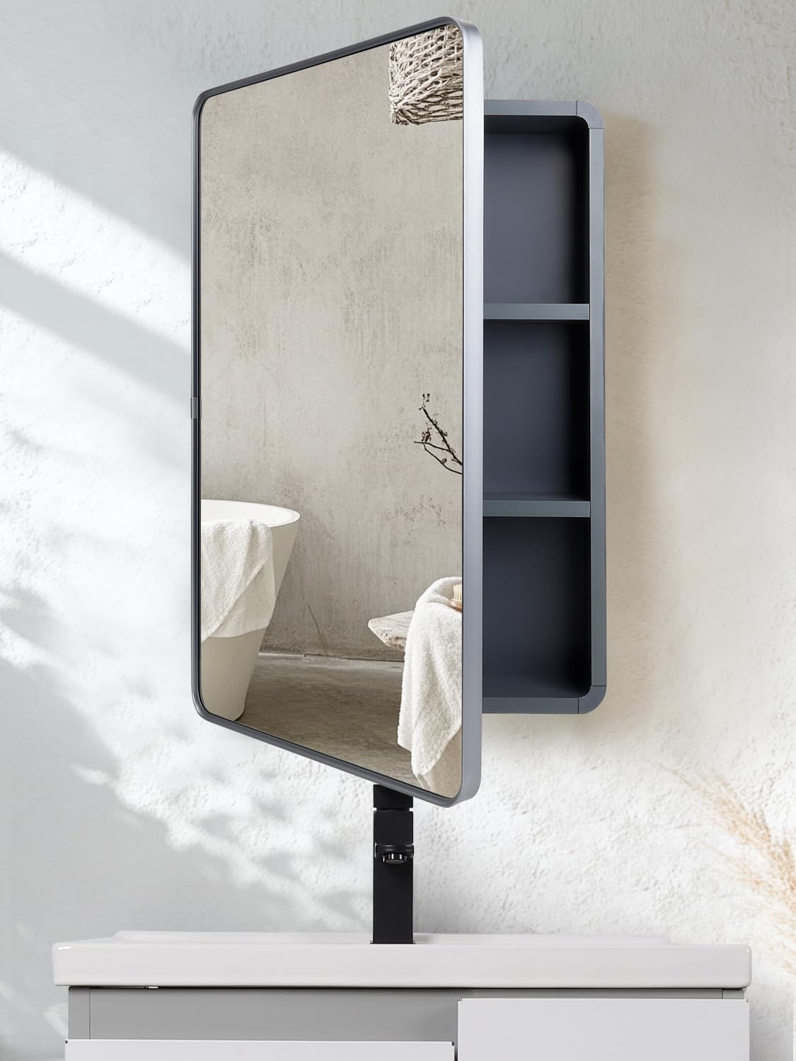 Avidanza 16x24 Inch Bathroom Medicine Cabinet with Mirror, Small Farmhouse Surface Cabinet with Soft-Close Hinges, Rounded Corner Aluminum Metal Vanity Frame & Glass, with 2 Toothbrush Holders (Grey)