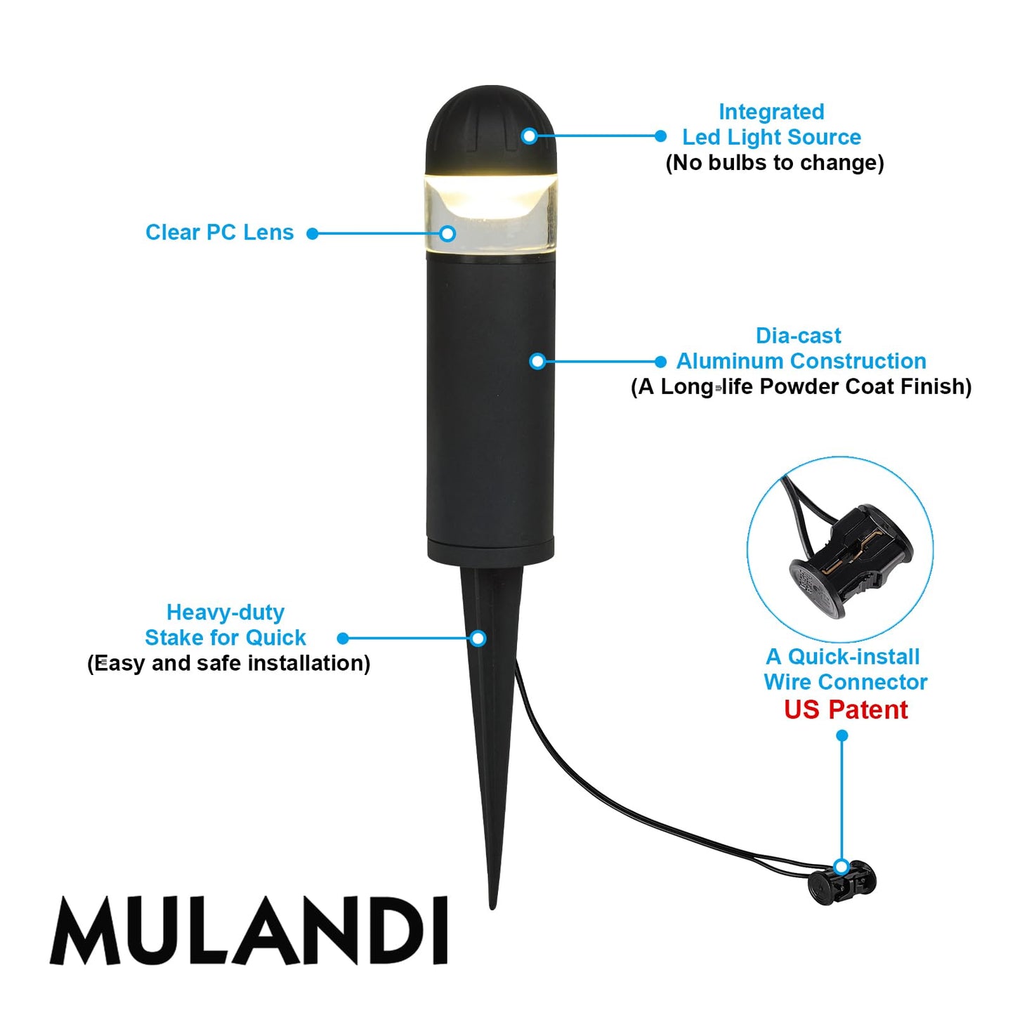 MULANDI LED Landscape Bollard Pathway Light, 2W, DC 12V Low Voltage Path Lighting Outdoor Waterproof, Die-Casted Aluminum Housing for Garden Light, 3000K Warm White Pack of 2