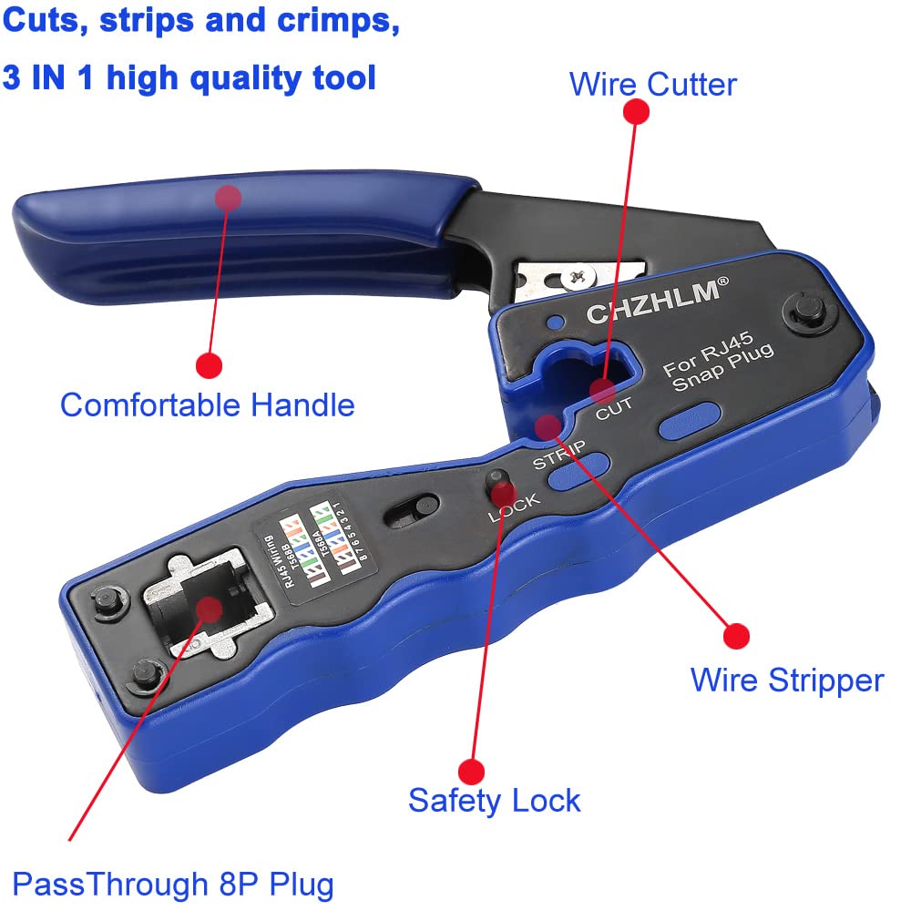 CHZHLM RJ45 Crimping Tool Kit Pass Through Crimper Stripper Cutter All-in-One for Cat5 Cat6 Pass Through Connector with Cable Tester 50Pcs Connectors 50Pcs Covers Mini Stripper and Blades
