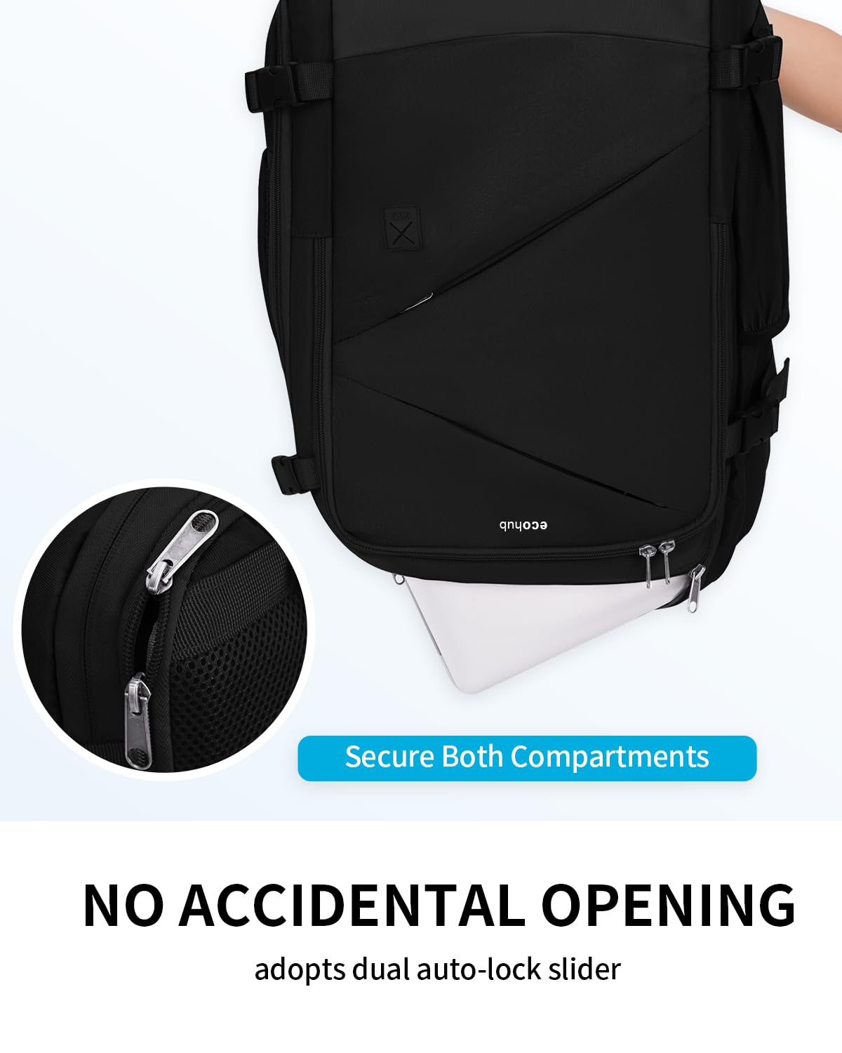 ECOHUB Travel Backpack for Men Women, Expandable Large Carry On Backpacks Essentials with Wet Pocket Cable Slot Water Resistant 12 Pockets 30L Travel Work Black