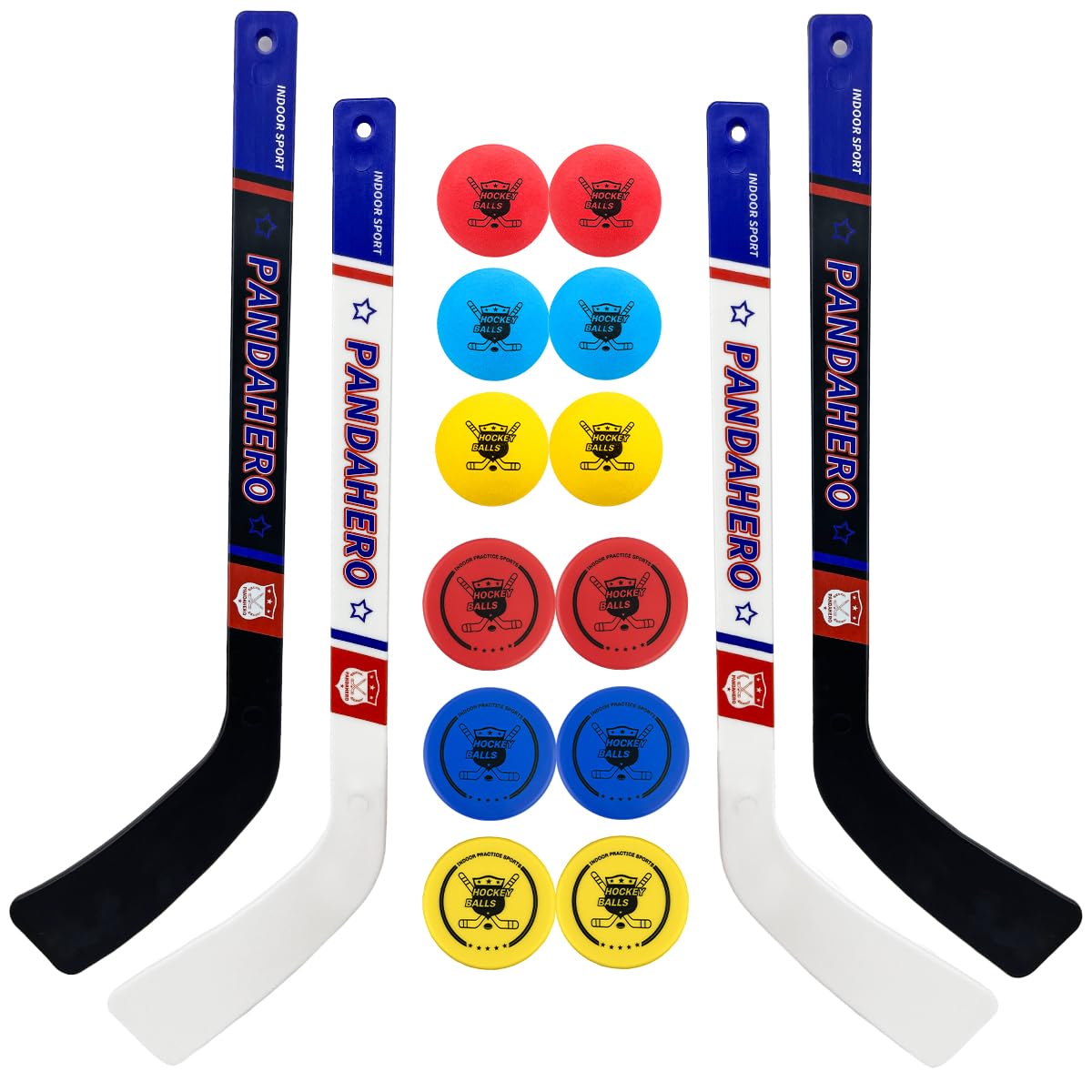 Pandahero Mini Knee Hockey Sticks Set for Kids – Kids Toys Gifts for Toddler Boys & Girls – Indoor Mini Hockey Kit with 4 Sticks, 6 Foam Balls & 6 Pucks
