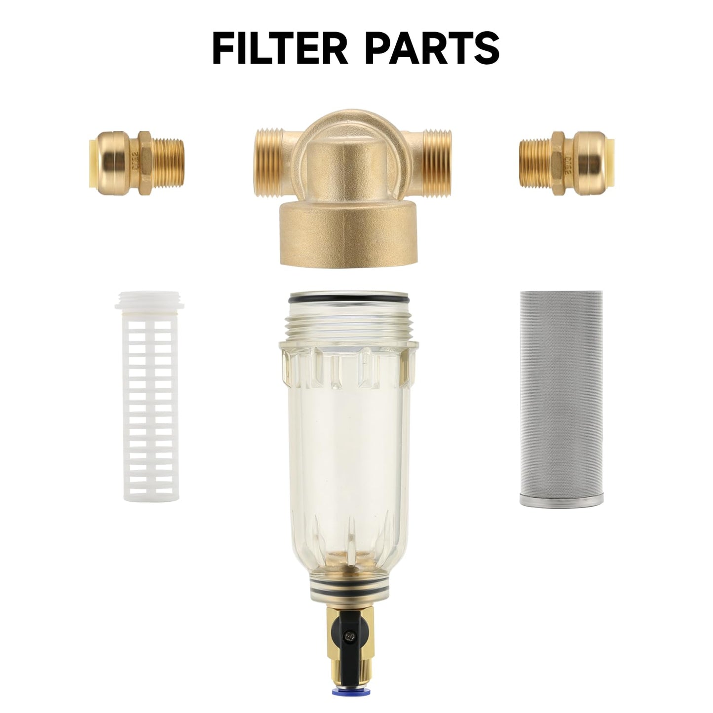 Roastove 360° Mountable Spin Down Sediment Water Filter, Pre-Filter for Whole House, Contains Two 3/4" Push-to-Connect Fittings, Rated at 50 Micron,with an Extra 100 Micron Filter Element