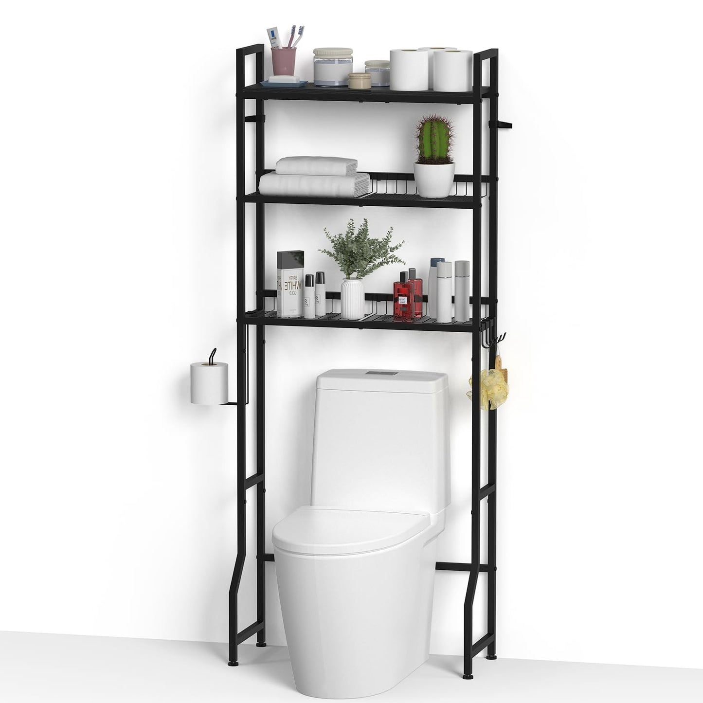 YBING Over The Toilet Rack 3 Tier Bathroom Shelf Over Toilet Storage Organizer Freestanding Above Toilet Storage Rack with Metal Frame and Hook Bathroom Stand and Space Saver Shelf,Black