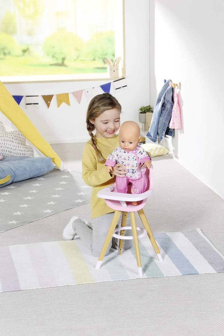 Baby Born High Chair – Doll Feeding Chair with Scandinavian Design – Wood-Look Legs & Pink Seat – Fits Baby Born & Other Dolls – Ages 3+