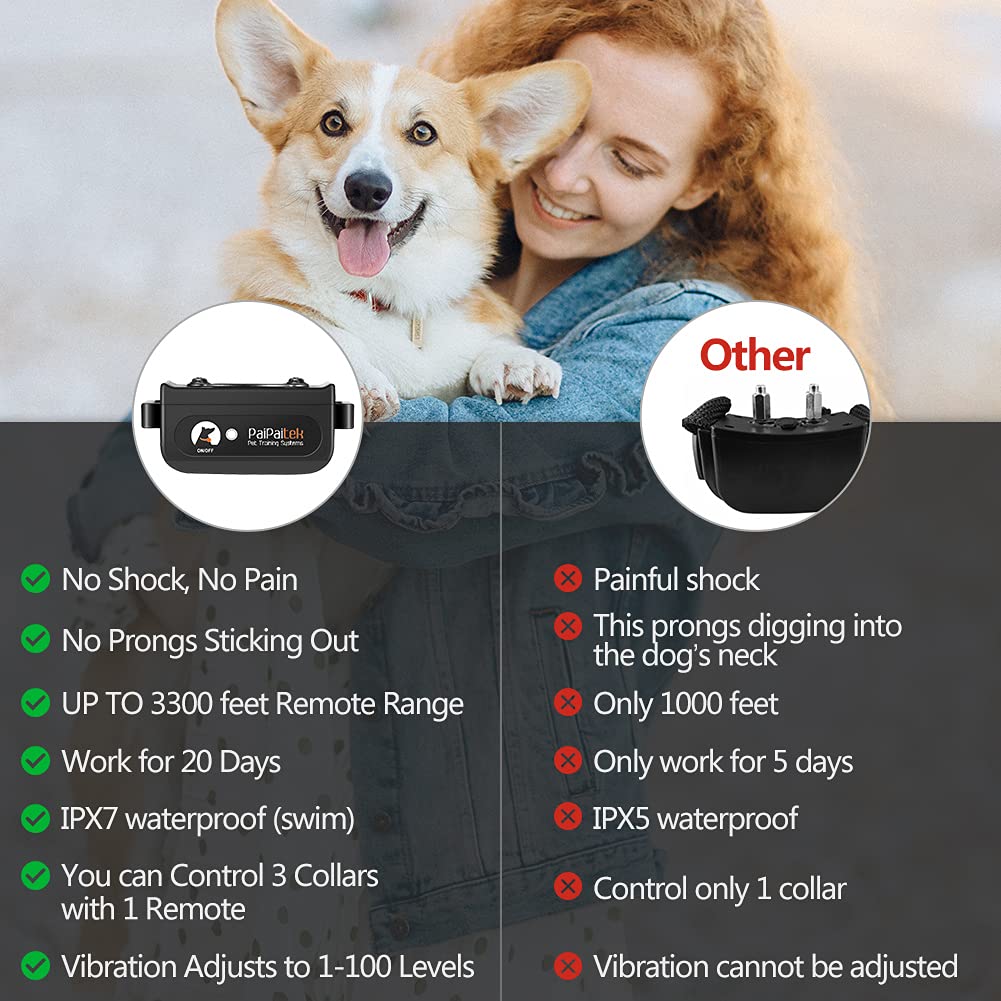 Paipaitek Dog Training Collar No Shock, 3300ft Range Vibrating Dog Collar, IPX7 Waterproof Dog Training Collar with Remote, No Prongs and No Shock, only Sound and Vibration Collar for Training Dogs