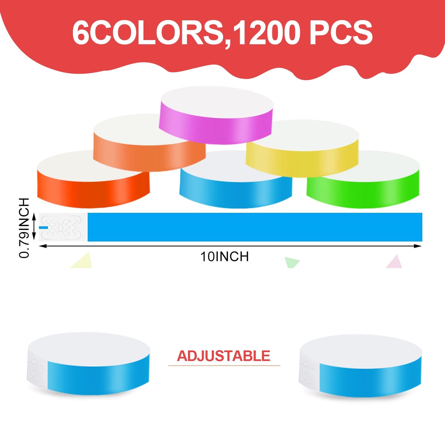 1200pcs Neon Wristbands, Adhesive Waterproof Paper Bracelets Wristbands, Colorful Paper Party Bracelets for Events Concerts Amusement Waterparks Bars