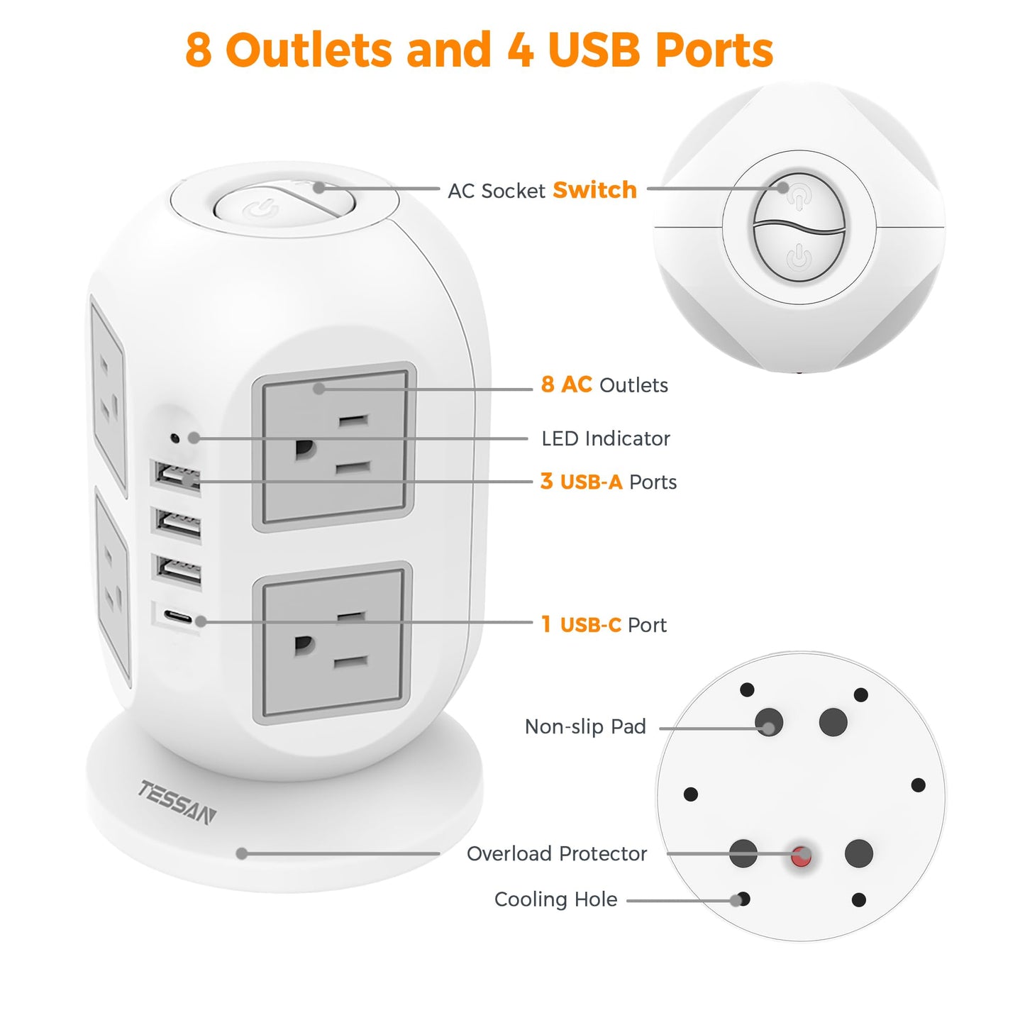 Flat Plug Tower Power Bars with Surge Protector, TESSAN 10 Ft Power Strip Extension Cord Indoor, Charging Station with 8 Multi Outlets, 4 USB Ports (1USB C), Home Office Dorm Room Supplies, Gray