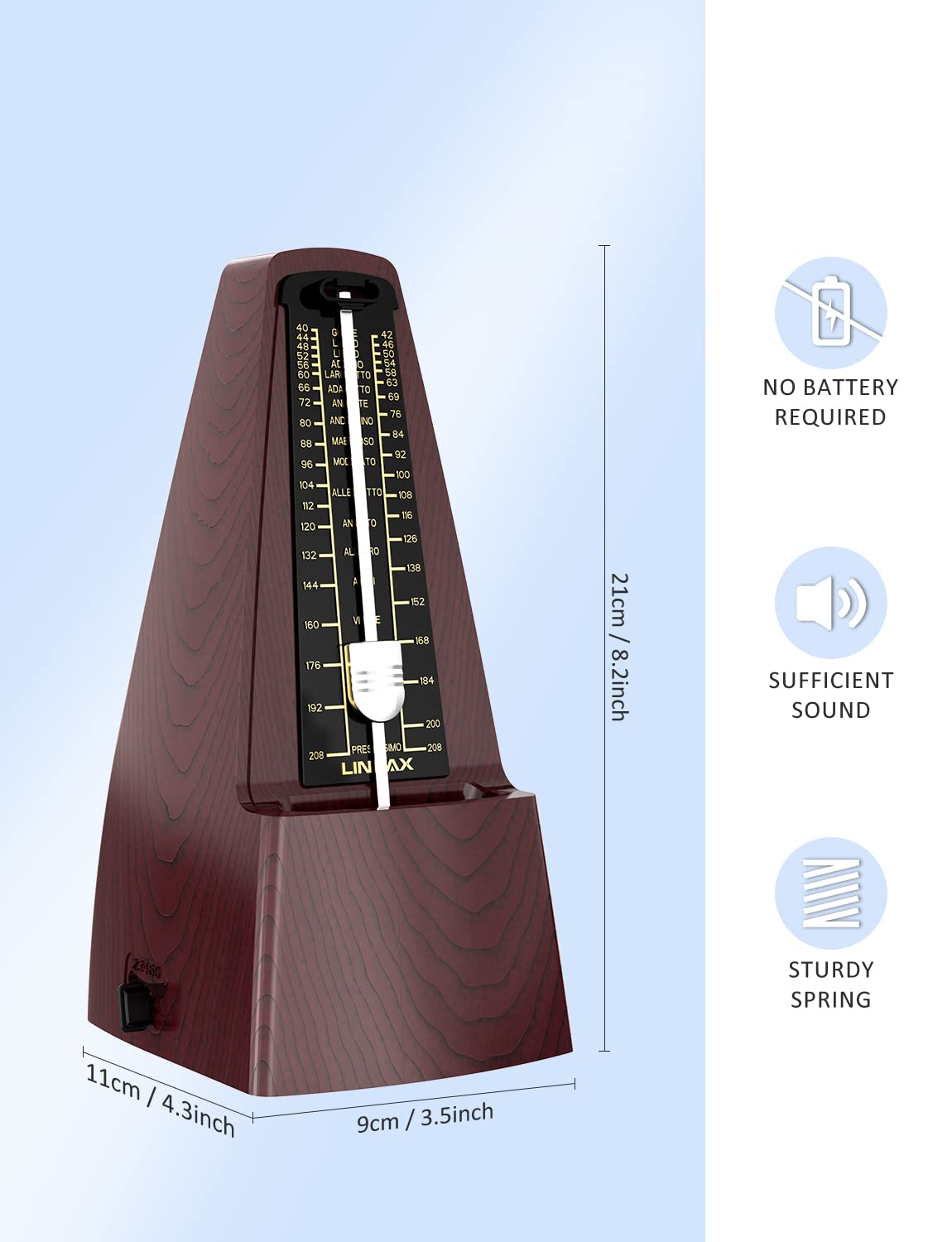 Linrax M2 Mechanical Metronome for Piano Guitar Bass Ukulele Drum Violin Cello Saxophone Trumpet and Other Musical Instruments, Track Tempo and Beat, Loud Sound, High Precision, Wood Grain
