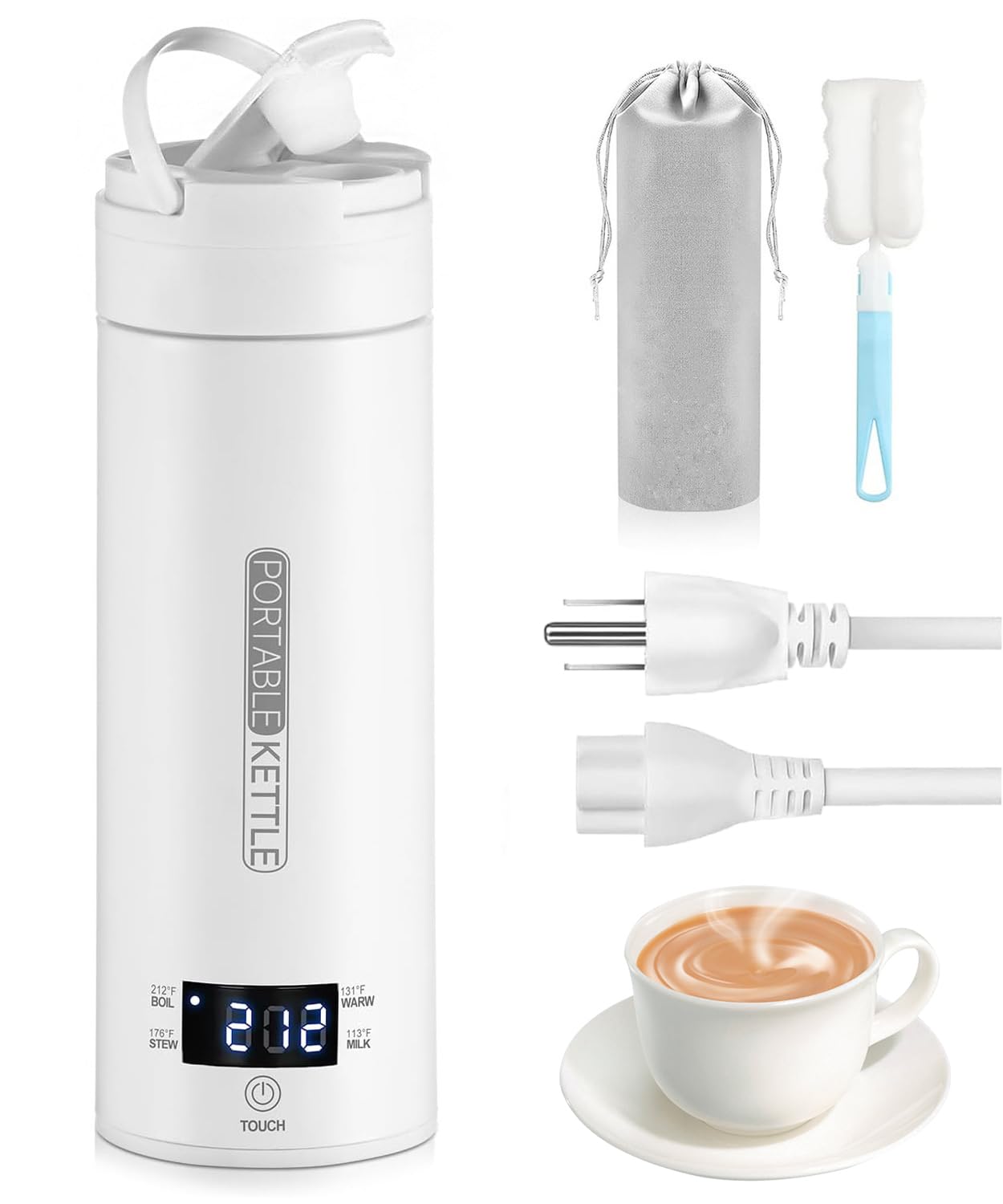 Portable Kettle, 304 Stainless Steel Mini Electric Kettle, Travel Electric Kettle with Automatic Shut Off, Temperature Control, Storage Bag, Cup Brush