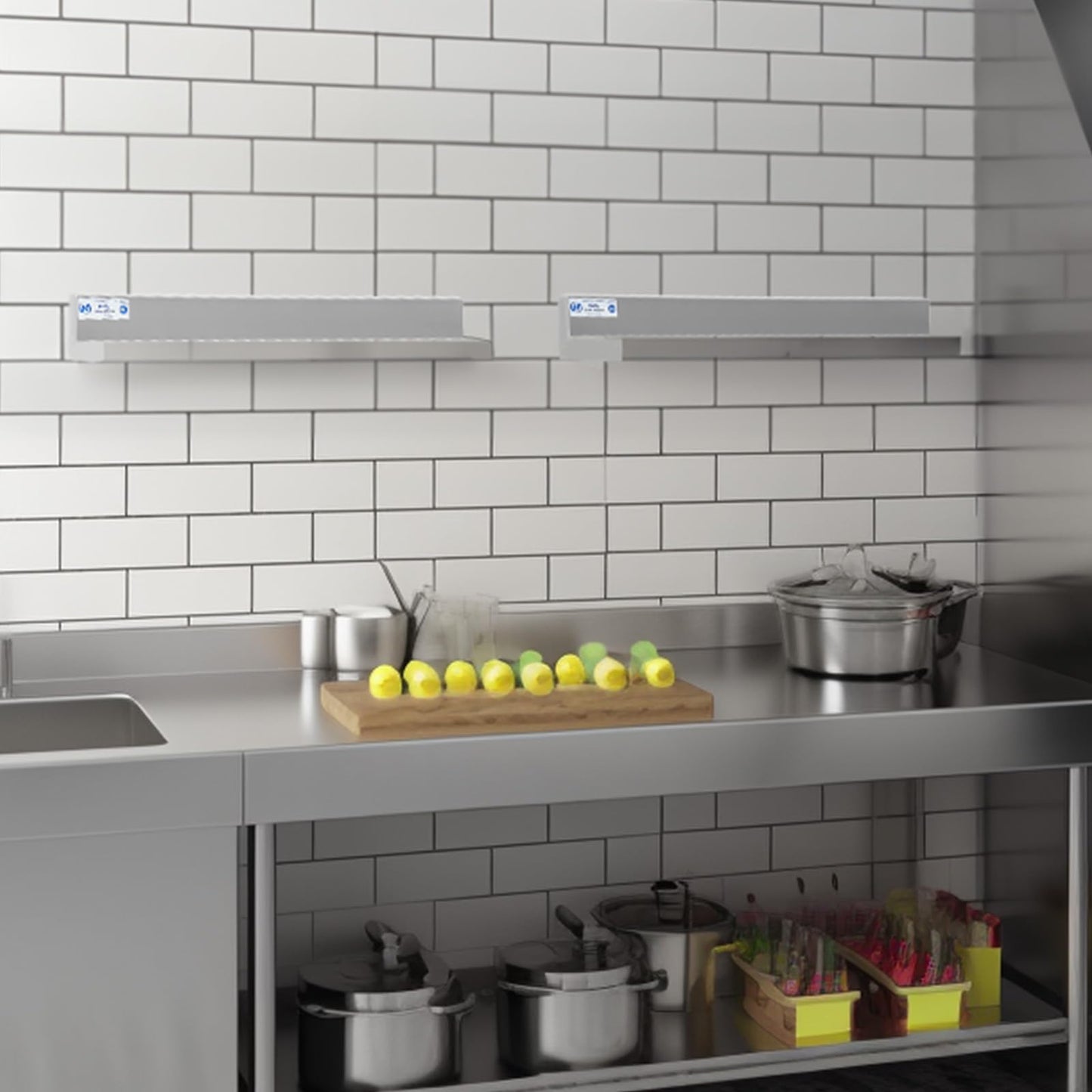 Hally Stainless Steel Wall Shelf 2 Pack 8 6” x 16” Wall Mounted Shelf with 3" Backsplash, Metal Floating Shelf, Spice Rack Wall Mount, Heavy Duty Kitchen Shelf for Restaurant, Bathroom,Utility Room