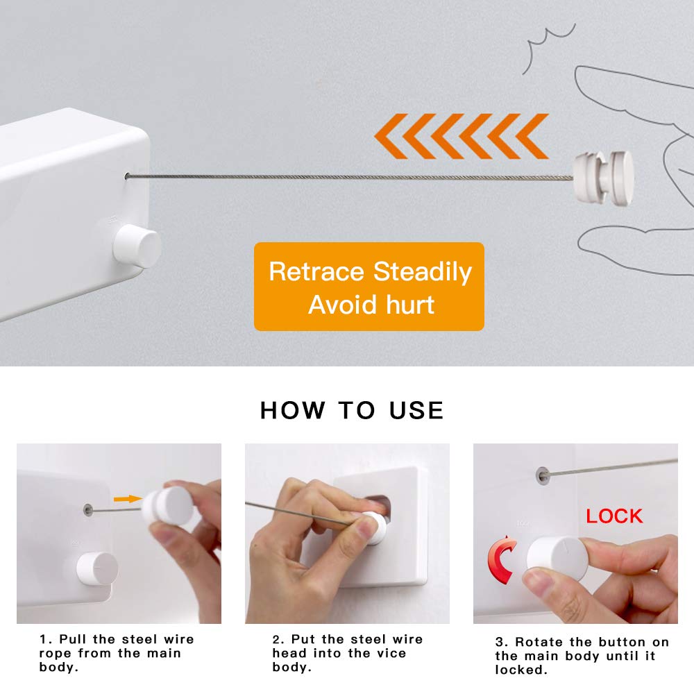 BESy Retractable Clothesline ABS case+Aluminum Dryer with Adjustable Stainless Steel Double Rope String Hotel Style Heavy Duty,Wall Mounted Method, 13.8 Feets,White