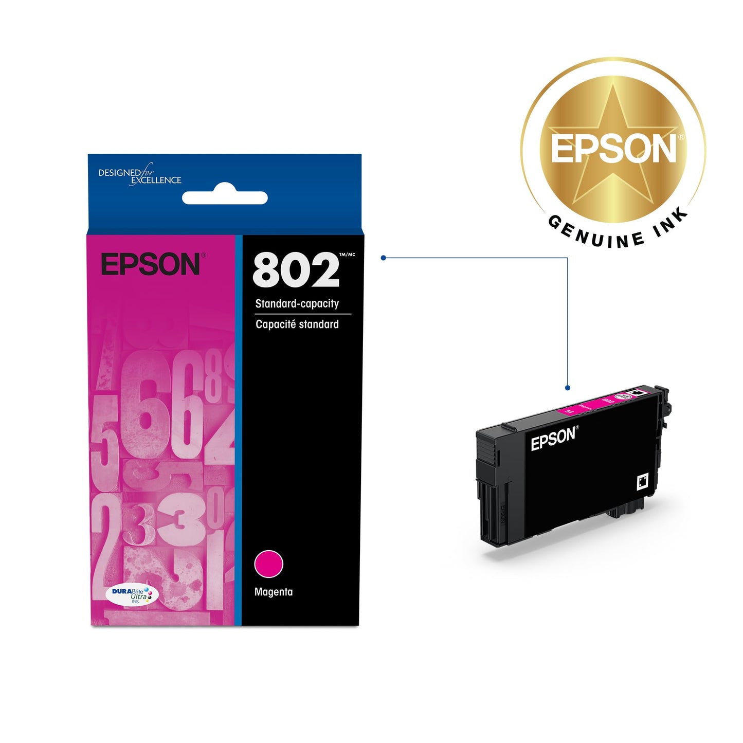 EPSON 802 DURABrite Ultra Ink Standard Capacity Magenta Cartridge (T802320-S) Works with Workforce Pro WF-4720, 4730, 4734, 4740