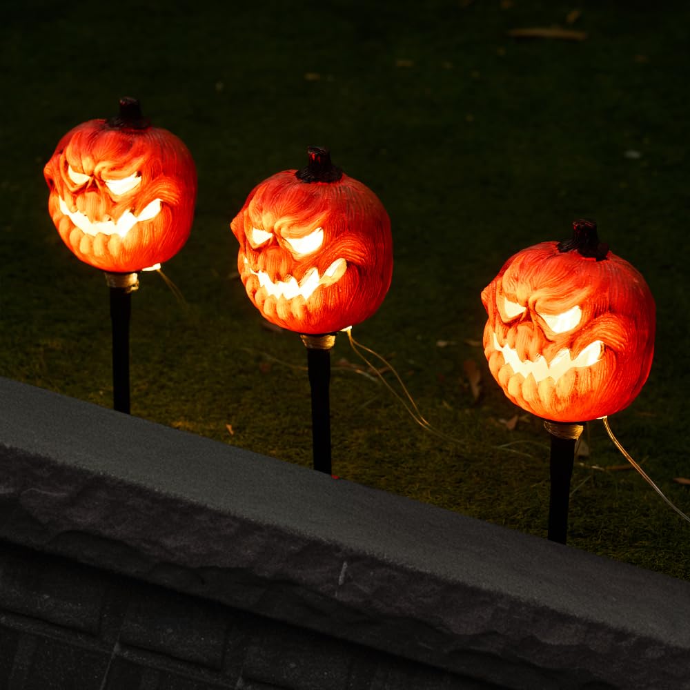 JOYIN 3 Pcs Halloween Outdoor Decorations Jack O Lantern Pumpkin Pathway Lights, Light-up Halloween Waterproof Path Maker Stakes for Graveyard Decoration Party Porch Yard Lawn Garden Decor