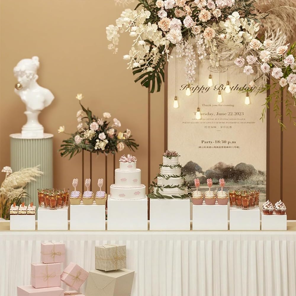 6Pcs Buffet Risers,Food Risers for Buffet Table Display Stand Shelf for Party Catering Dessert Collectibles Acrylic Cube Boxes Display with Hollow Bottoms White Set (Size 5",6",7",8",9",10")