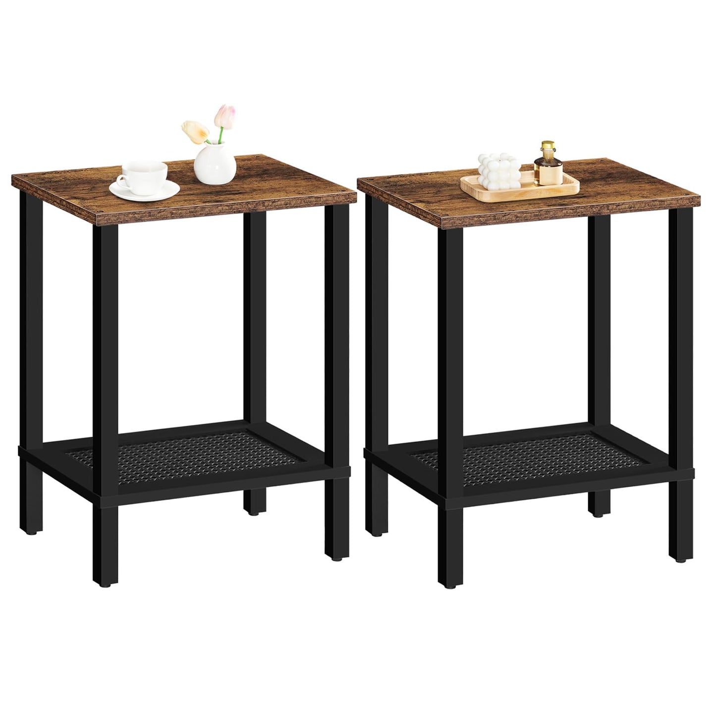 HOOBRO End Tables Set of 2, Side Table with 2-Tier Storage Shelves, Tall Nightstand with Faux Rattan Decoration, Sofa Table for Small Space, Living Room, Bedroom, Rustic Brown and Black BF91BZP201