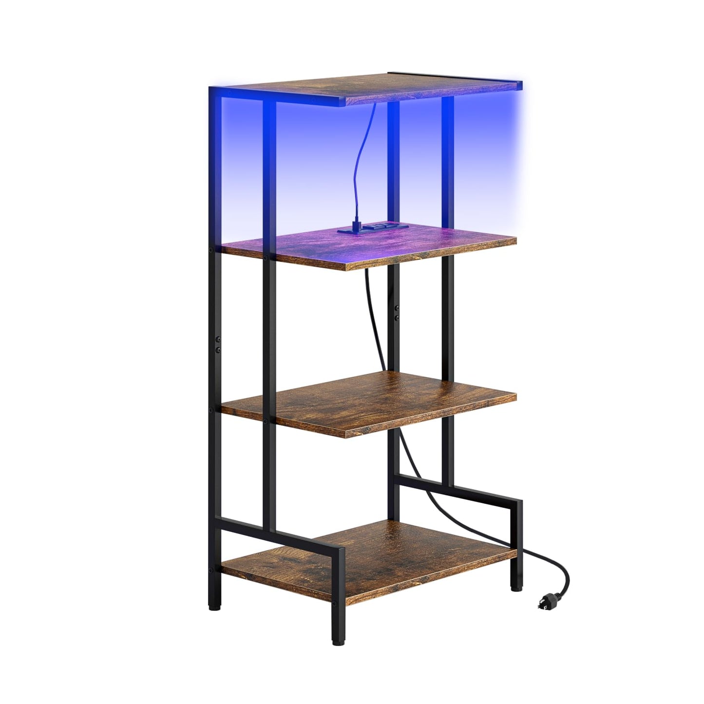 Arbuxzuy 4-Tier AV Media Stand with Power Outlet and LED Lights,Wooden Stereo Stand Cabinet,Game Console Shelf for Small Space,Audio Rack Stand Tower Ideal for Video DVD Players,Xbox