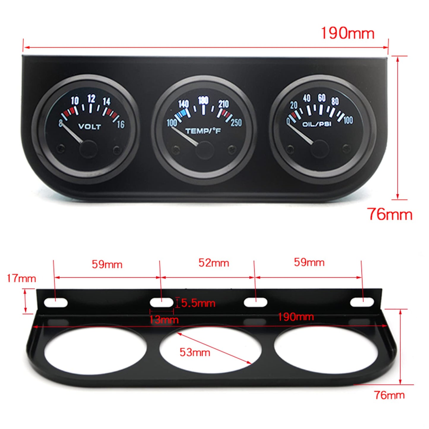 Shkalacar Triple Gauge kit Volt Meter Water Oil Press Pressure Gauge Temp Temperature Gauge 3 in 1 Kit Car Meter Auto Gauge, 52MM Voltmeter Chrome