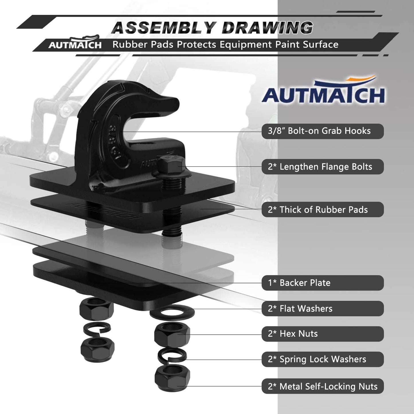 AUTMATCH Tractor Bucket Grab Hook 3/8" (2 Pack) - Grade 70 Forged Steel Bolt On Grab Hook Tow Hook Mount with Backer Plate & Rubber Pads, Max 18,000Lbs Work for Loader, Tractor Bucket, Truck, Black