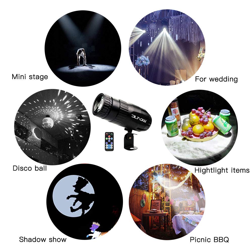 Pinspot Light with Remote, JLPOW Super Bright Mirror Ball Spotlight, Mini 15W RGBW LED Beam Spot lights Stage Effect Lighting, Best for DJ Disco Party Bar Club Show Wedding Children's Theater