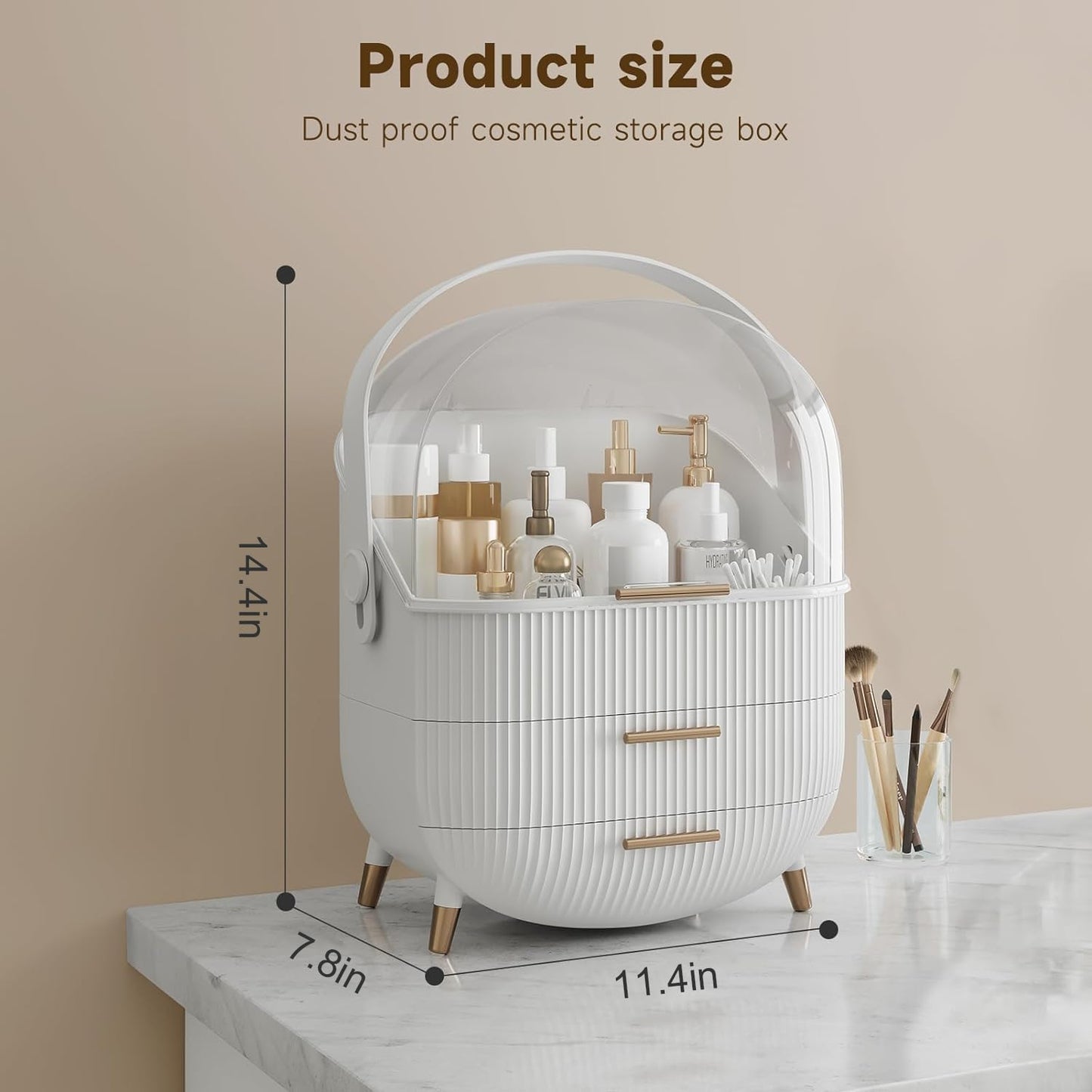 Makeup Organizer Storage Box, Cosmetics Display Case with Transparent Cover, Dust Waterproof Cosmetics Storage Box Suitable for Bathroom Countertop and Bedroom Vanity Dresser (White)