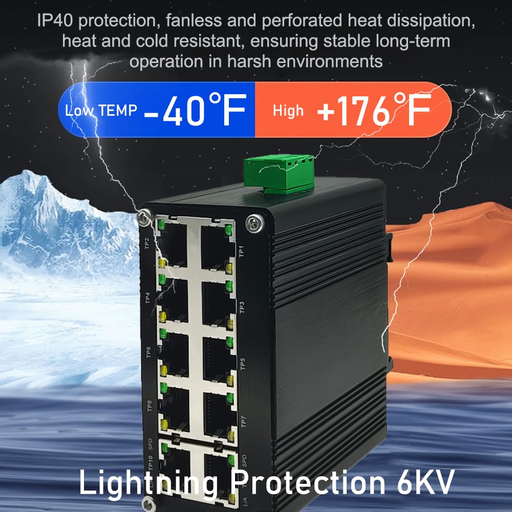 10-Port Gigabit Ethernet Switch - Industrial-Grade Unmanaged Network Hub with Din-Rail or Wall Mount, Full Duplex Desktop,Fast Connection,Plug and Play, Rugged Metal Case, Wide Temperature Range