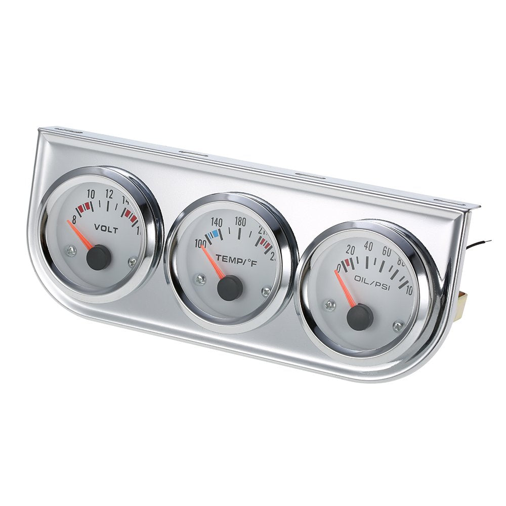 Shkalacar Triple Gauge Kit - Volt Meter, Water Temp, Oil Press Car & Motorcycle Meter, 52MM Chrome 3 in 1 Gauge Kit