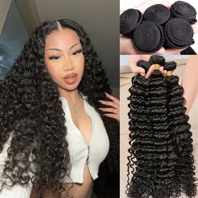 Datanala Brazilian Virgin 100% Unprocessed Deep Wave Human Hair Grade 12A Deep Wave Human Hair Bundles 12 14 16Inch Deep Curly Human Hair Weave Natural Black Color For Women