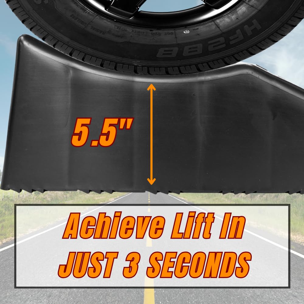 CARAVANTURE Wheel Ramp - Heavy Duty Tire Changing aid on Tandem Dual Axle Trailer - Concave RV Chock Riser with 5.5 Inch Lift, 10 Ton Lifting Capacity, Non-Slip, Change Flat with Ease - 1 Piece