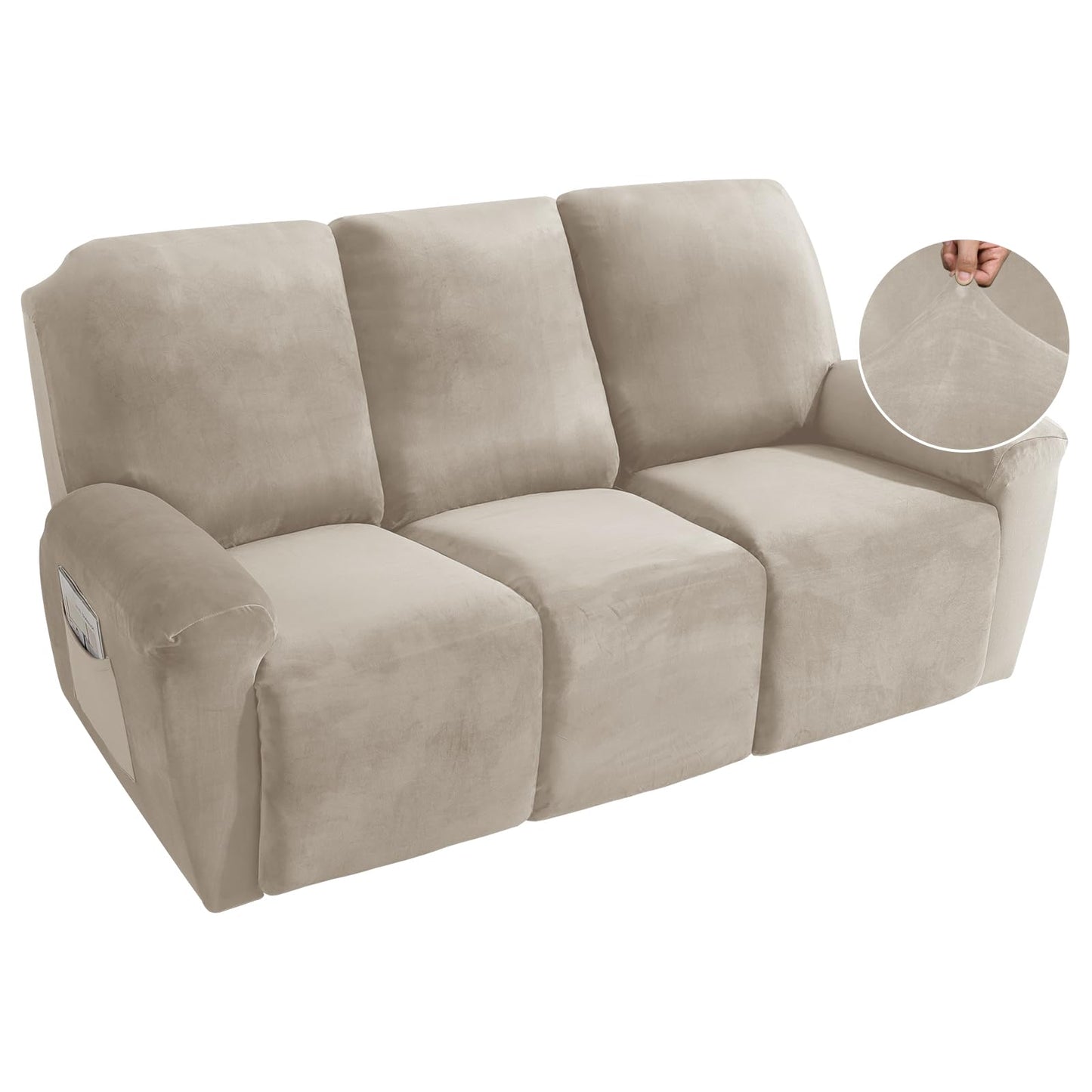 MAXIJIN 8 Pieces Recliner Sofa Covers, Stretch Velvet Reclining Couch Covers for 3 Cushion Furniture Covers, Thick Soft Washable Reclining Sofa Slipcovers (3 Seat, Khaki)