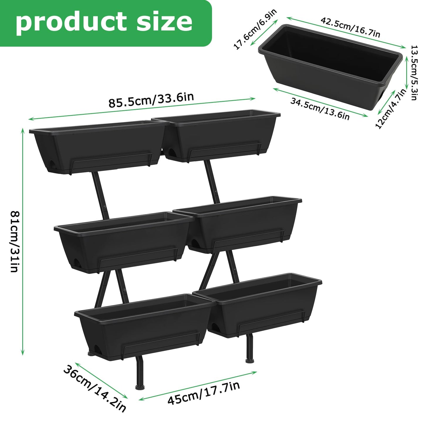 Vertical Garden Planter 3 Tier Vertical Raised Garden Bed with 6 Garden Planter Boxes Elevated Raised Bed with Drainage Holes Outdoor Standing Garden Planter for Herbs Flowers Vegetables, Black