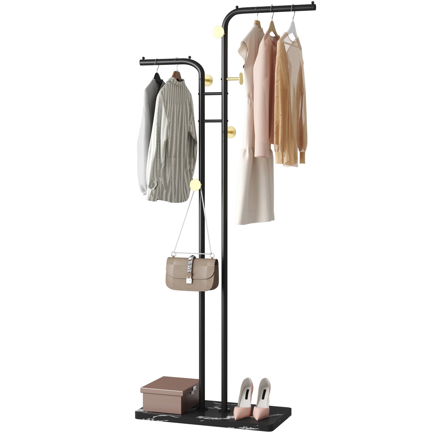 HOMEFORT Double-pole Coat Rack, Freestanding Metal Coat Racks, Clothes Hat Stand with 5 Hooks for Closet, Bedroom, Entryway, Living Room, Black