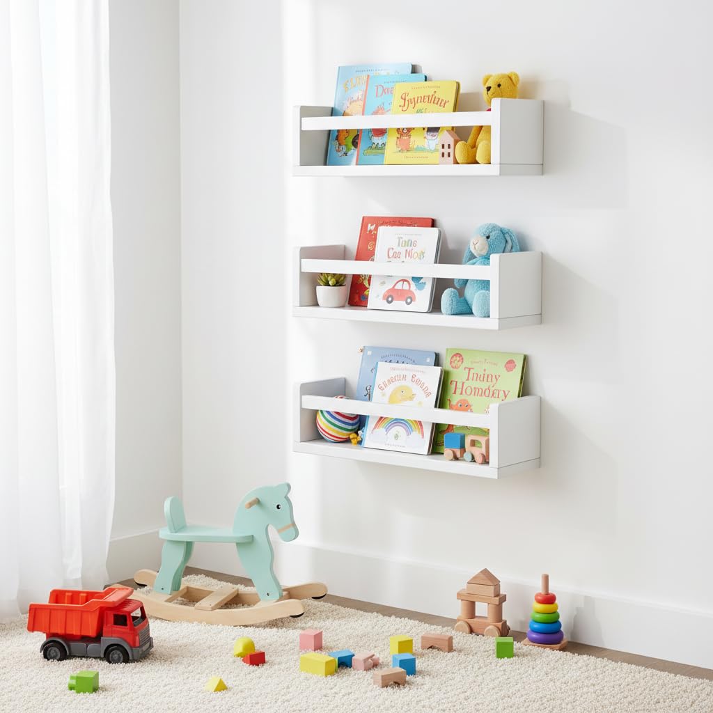 AZSKY Set of 3 Kids Floating Bookshelves White, Wall Mounted Nursery Book Shelves 15.7 Inch(40cm), Ideal Storage & Display Hanging Shelf for Nursery, Bedroom, Playroom Baby Decor, and Toy Storage