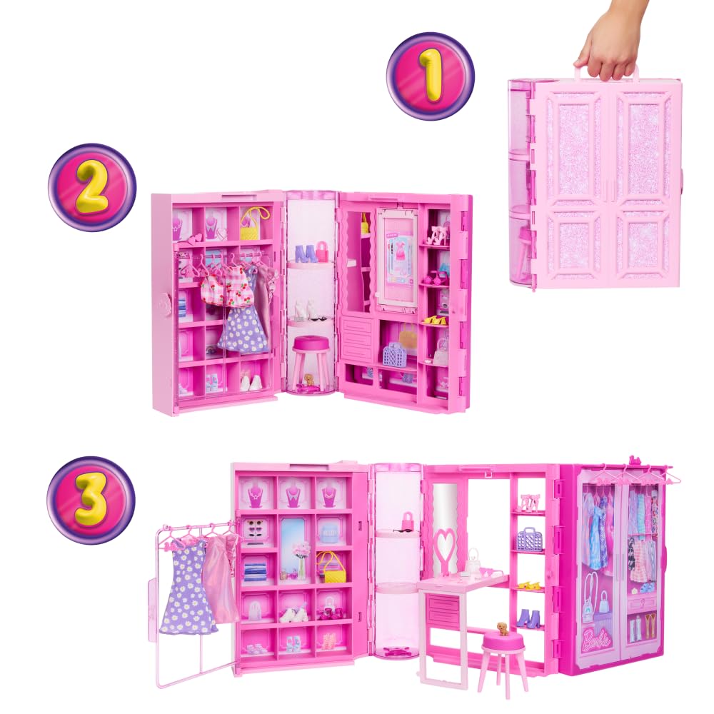 Barbie Dream Closet Toy Playset with Blonde Fashion Doll, Clothes & Accessories, 3-ft-Wide with 25+ Pieces, 3 Complete Looks