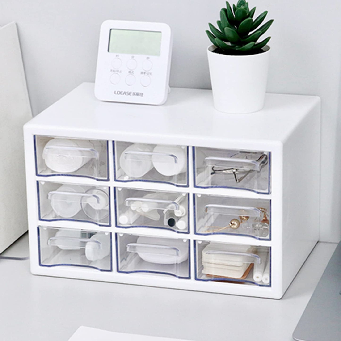 MYKASEN Desk Storage Organizer with 9 Drawers, Clear Plastic Storage Cabinet, Stackable Desk Storage Box for Makeup Office Craft Hardware Art Supplies, 9.8×6.3×5.9inch(White)
