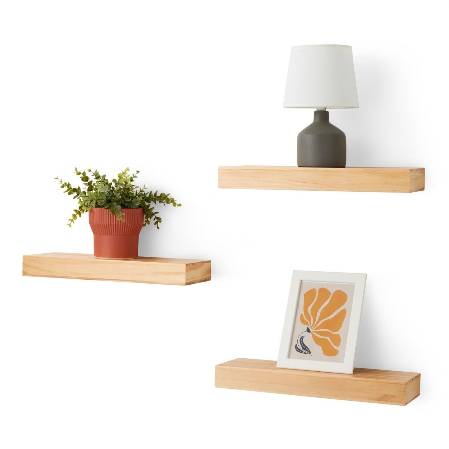 Amazon Basics Wood Floating Wall Shelves,16" x 5" x 2" Pine, Pack of 3