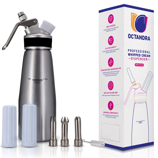 OCTANDRA Professional Whipped Cream Dispenser – 1 Pint Aluminum Cream Whipper Canister - Whipping Siphon - Whip Cream Maker with 3 Stainless Steel Tips, 2 Charger Holders, Brush & Storage Cap
