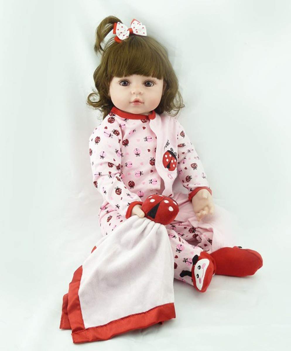 TERABITHIA 18inches 46cm Realistic Adorable Ladybird Princess Baby Girl Doll in Silicone Vinyl Long Curly Hair Stuffed Cloth Body Reborn Newborn Dolls Children's Day Gift