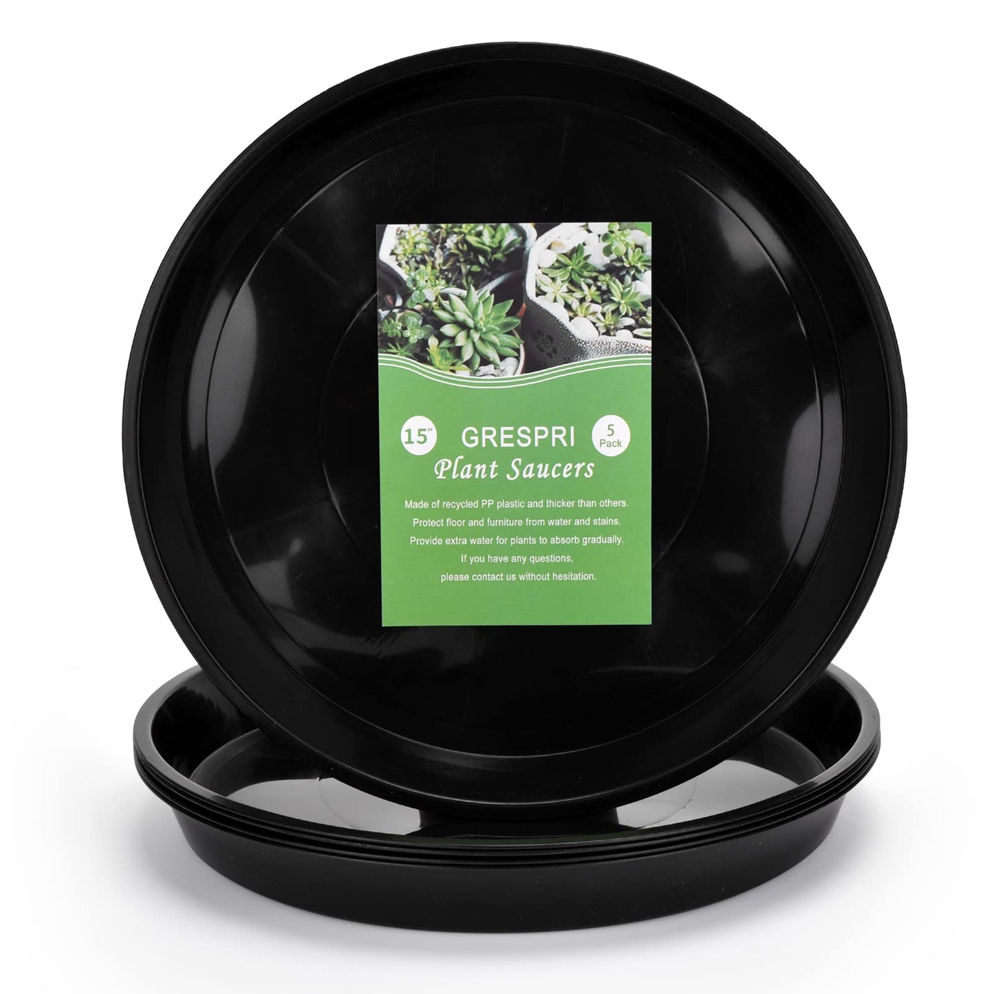 Grespri 15 in Plant Saucers, 5 Pack Black Plastic Trays with 1.6 in Deep Well, Glossy Drip Pans for Indoor/Outdoor, Fits Pot Bases up to 13.3 in, Weather-Ready for Large Pots & Grow Bags