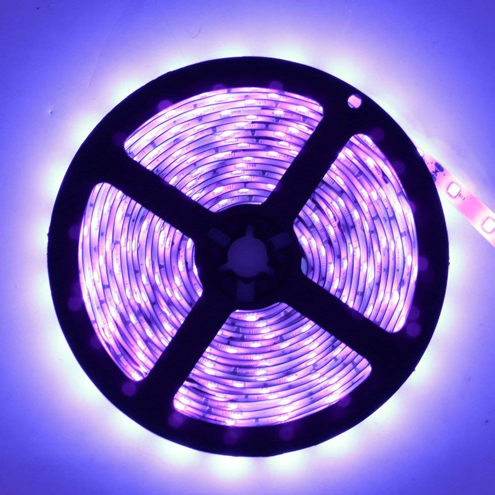 YGS-Tech Super Bright 60 Watts UV Black Light LED Strip, 16.4FT/5M 3528 300LEDs 395nm-405nm Non-Waterproof Blacklight with Power Supply, for Night Fishing, Black Party