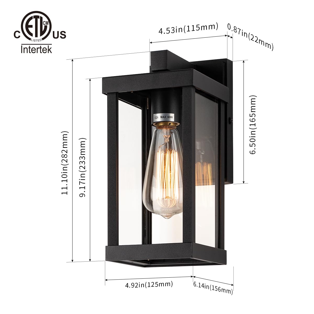 mirrea 11" Classic Outdoor Wall Sconce 1 Light in Matte Black Rectangular Metal Frame and Clear Glass Shade Waterproof Porch Light Patio Light Pack of 2