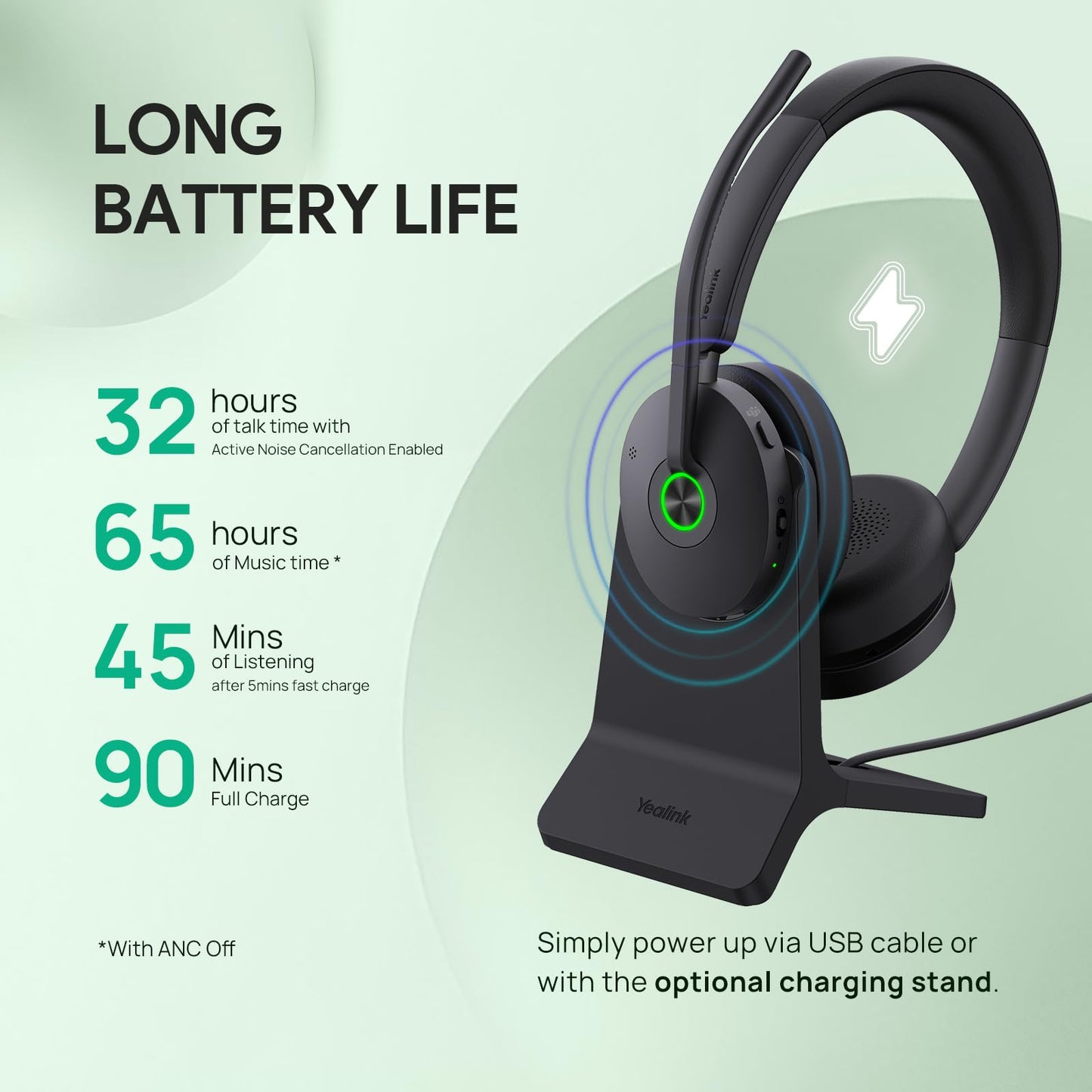 Yealink BHC74 Charging Stand for BH74 Bluetooth Headset & WH68 Hybrid Headphone, ≤90min Fast Charging, NO Power Adapter Needed, NO Headset Control Function, 1.2m USB-A Cable (ONLY Charging Stand)
