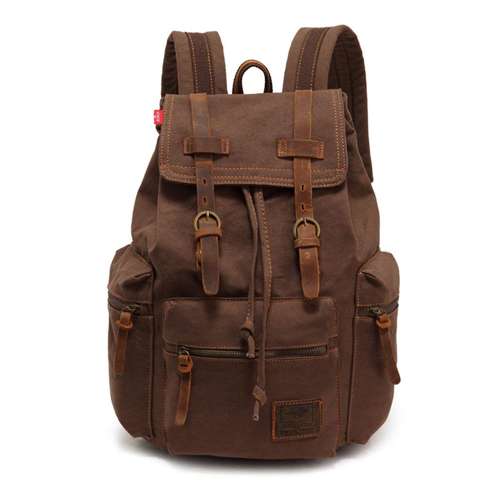 Koolehaoda Vintage Canvas Backpack Leather Rucksack Knapsack Unisex Casual Backpack 17inch Laptop Backpack Hiking Bag(L-Coffee)