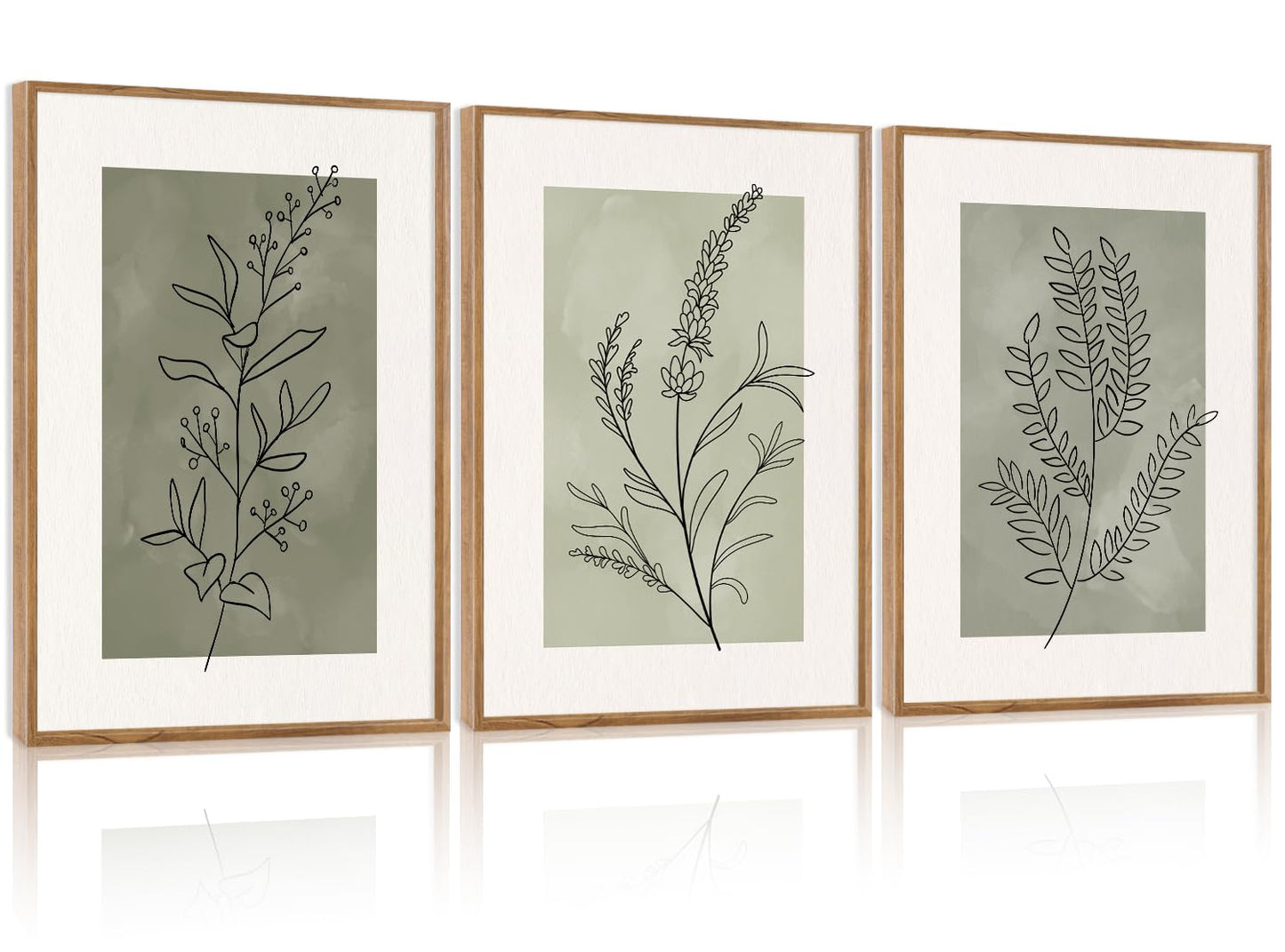 CHDITB Botanical Sage Leaf Framed Canvas Wall Art Set of 3, Minimalist Wall Decor, Boho Nature Floral Greenery Wall Painting, Neutral Botanical Plant Art Prints for Dining Room Bedroom Decor 12”X16”