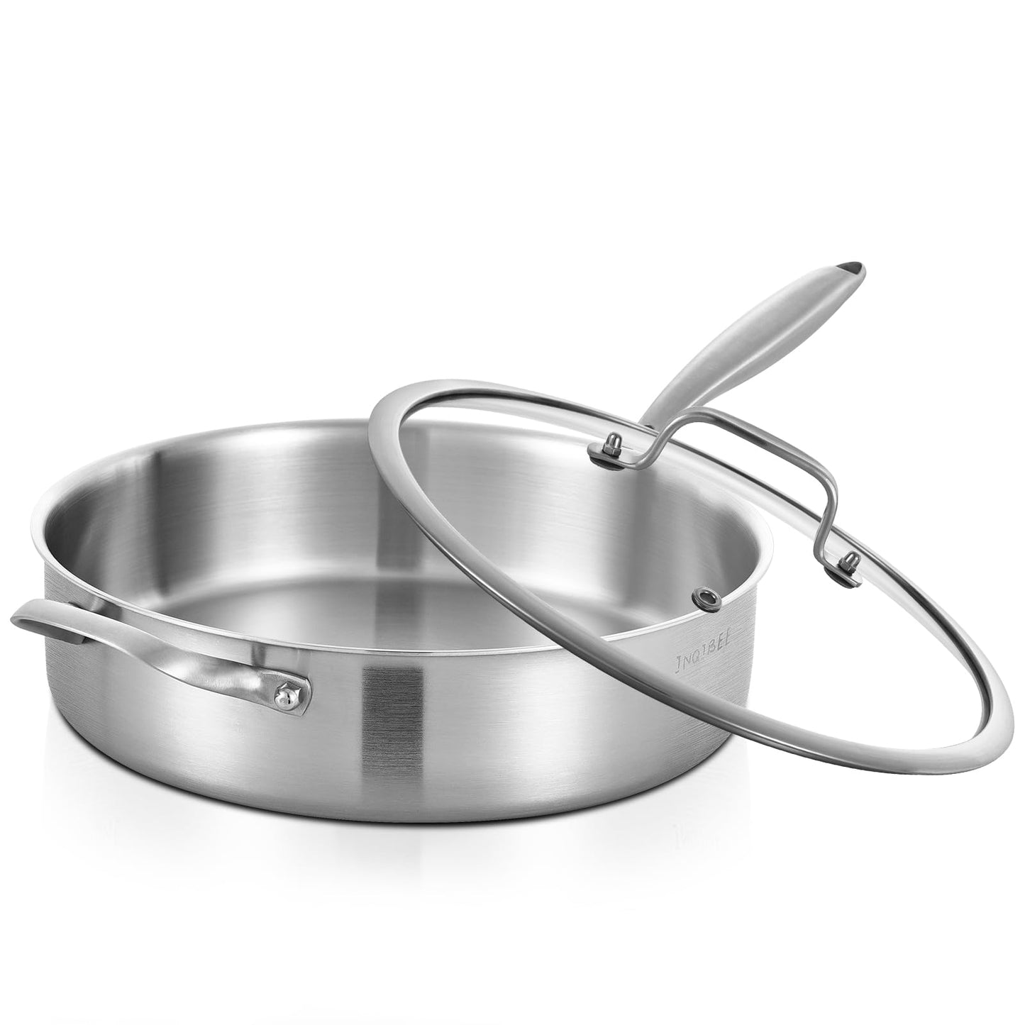 Inqibee Tri-Ply 5.5 Quarts Stainless Steel Sauté Pan with Lid,12 Inch Induction Deep Frying Pan,Large Skillet,Jumbo Cooker,Dishwasher and Oven Safe,Detachable Handle.