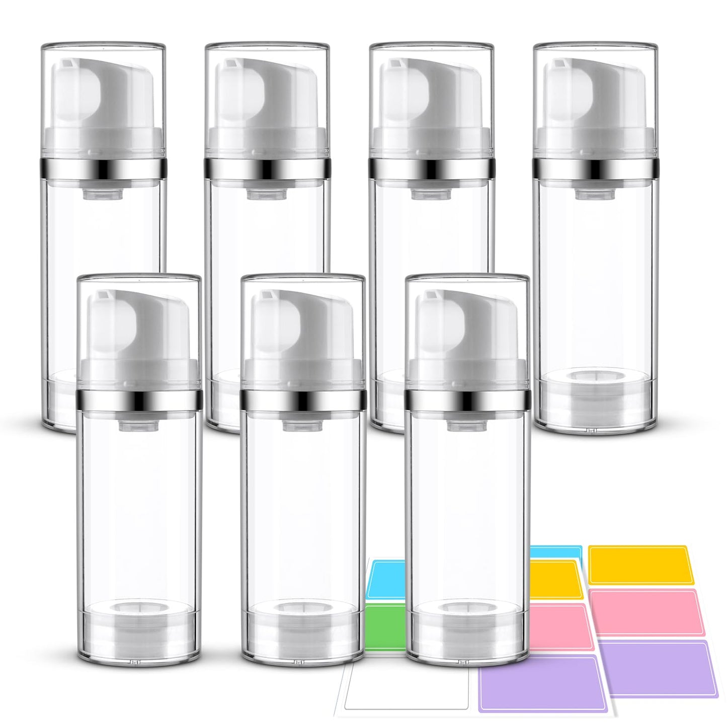 Decorniqu 7 Pack Airless Pump Bottles 3.4oz/100ml Lotion Dispenser Travel Pump Bottles for Toiletries Airless Cosmetic Pump Container Airless Pump Jar for Toiletries Shampoo Cream with Labels(Clear)