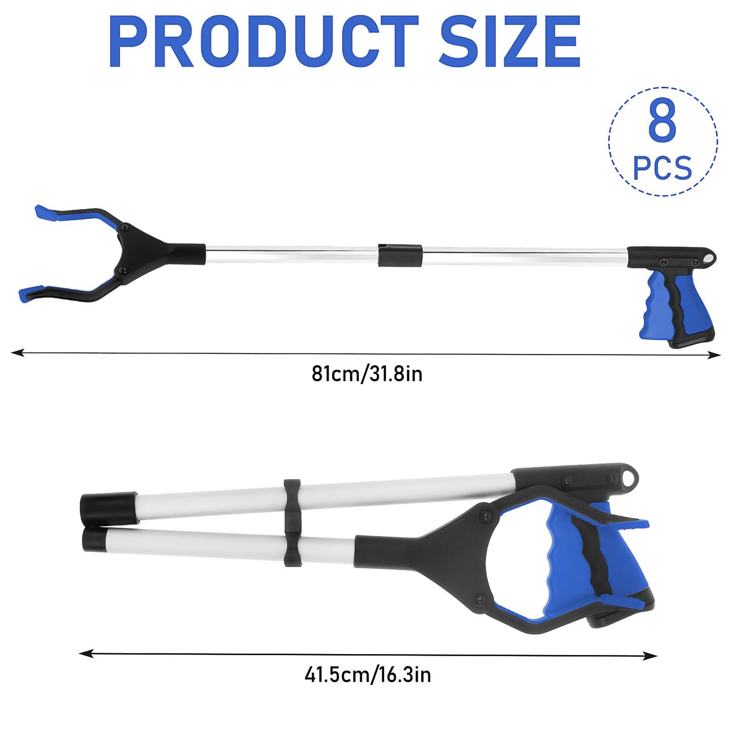 8 Pack Trash Grabber Reacher Tool for Elderly, 32" Foldable Pick Up Stick Grabber Long Handy Mobility Aids Lightweight Reaching Tool for Trash Pick Up, Litter Claw Picker, Arm Extension, 8 Color