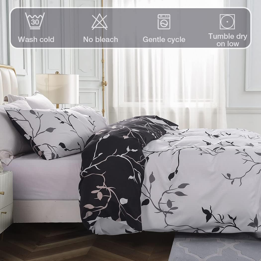 Conworld Reversible Duvet Cover King, White Black Tree Branch Pattern King Duvet Cover Set 3pc Soft Microfiber Breathable Botanical Bedding Sets with Zipper Ties
